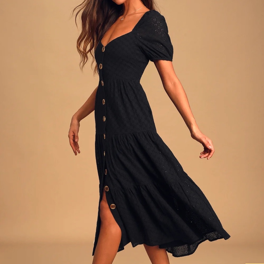 Your my home black eyelet lace button front midi dress